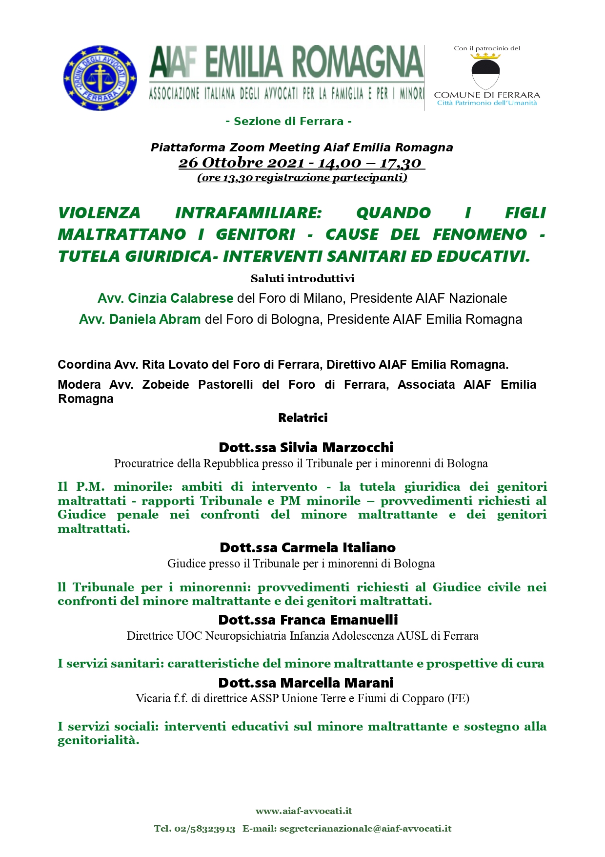 Nuovo Evento AIAF Emilia Romagna - 26 Ottobre 2021 - Piattaforma Webinar Zoom